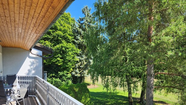 A covered outdoor area with a railing, a table, and chairs. - Holiday Apartment 'Riesling' with Private Balcony, Shared Terrace (Iphofen)