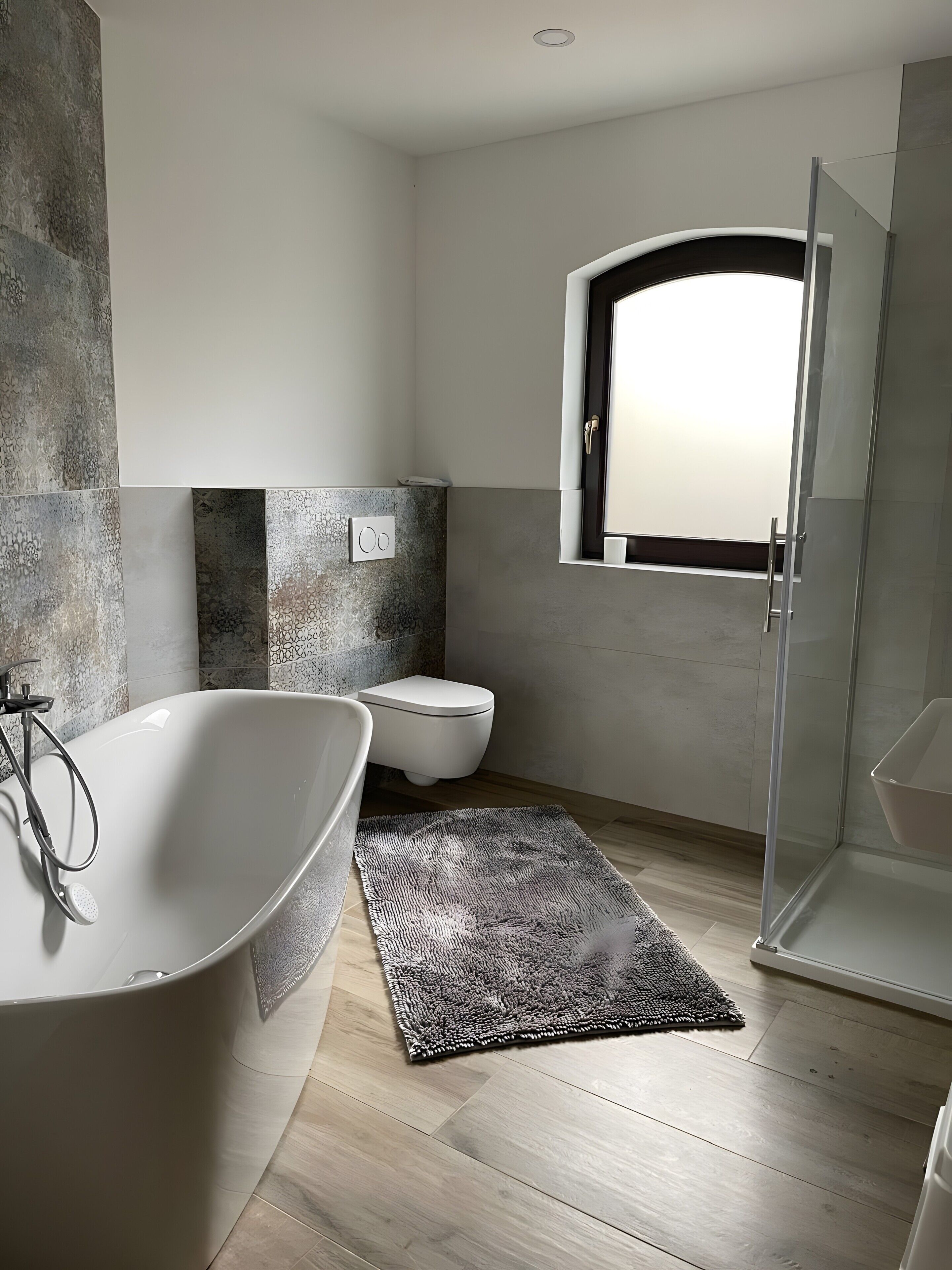 A modern bathroom with a freestanding bathtub, a toilet, and a glass shower enclosure.