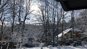 Een besneeuwd landschap met kale bomen en een gebouw met een schuin dak.