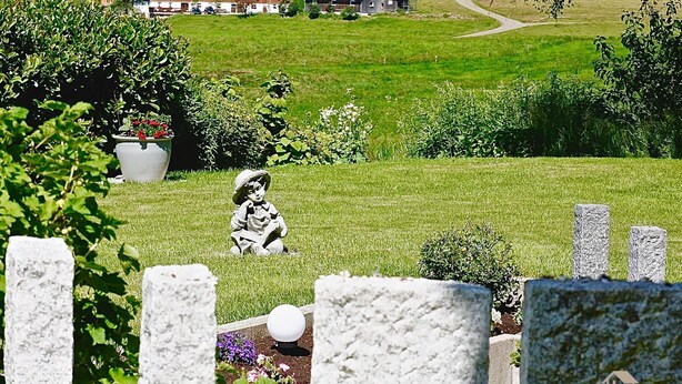 Ländliche Landschaft mit einer Steinstatue, einem Steinzaun und einem Haus im Hintergrund.
