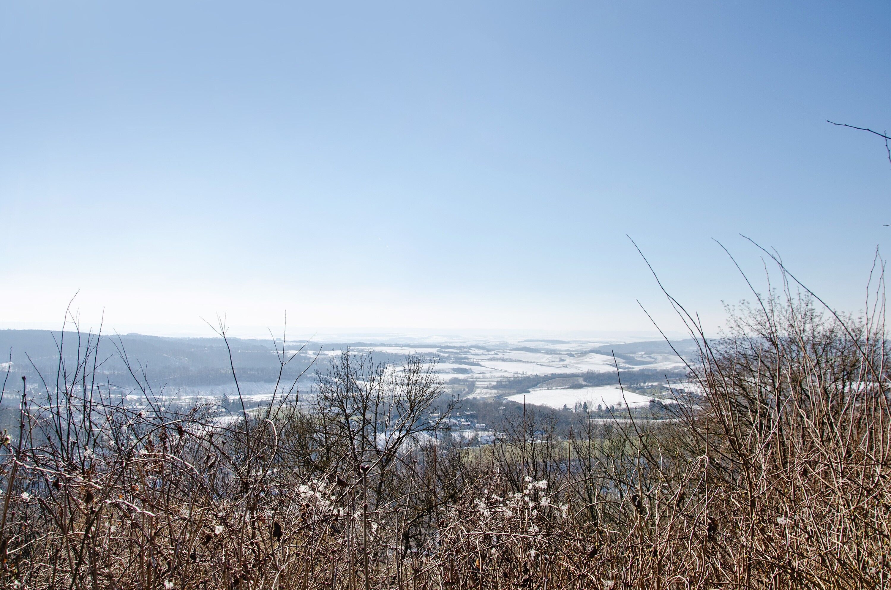 Panoramablick auf eine Landschaft mit blauem Himmel, weitläufigen schneebedeckten Feldern und vereinzelter Vegetation im Vordergrund.