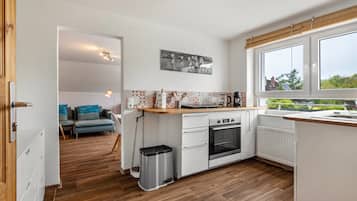 Kühlschrank, Ofen, Herdplatte, Wasserkocher mit Kaffee-/Teezubehör