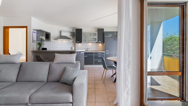 A modern kitchen with grey cabinets, a dining area with a table and chairs, and a grey sofa in a living room. - Apartment 'Seeside' with Lake View, Balcony and Wi-Fi (Uhldingen-Mühlhofen)