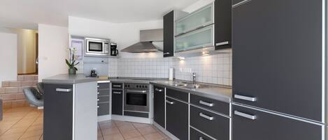 Frigorífico, microondas, horno y placa de cocina