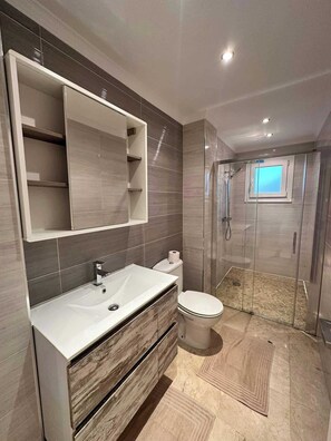 Shower, jetted tub, hair dryer, bidet