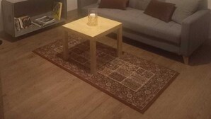 Olohuoneessa on harmaa sohva, pieni puinen sohvapöytä, kirjahylly ja kuviollinen matto.