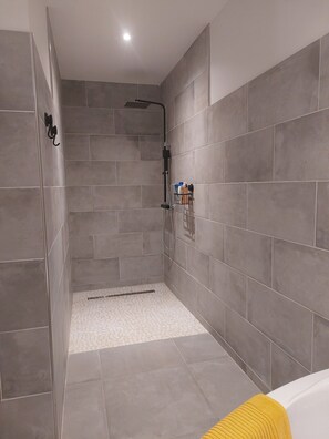 Shower, hair dryer, towels, soap
