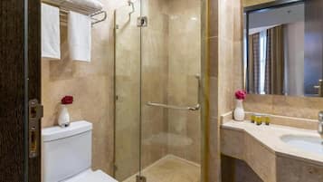 Baignoire et douche séparées, serviettes fournies, savon, shampoing