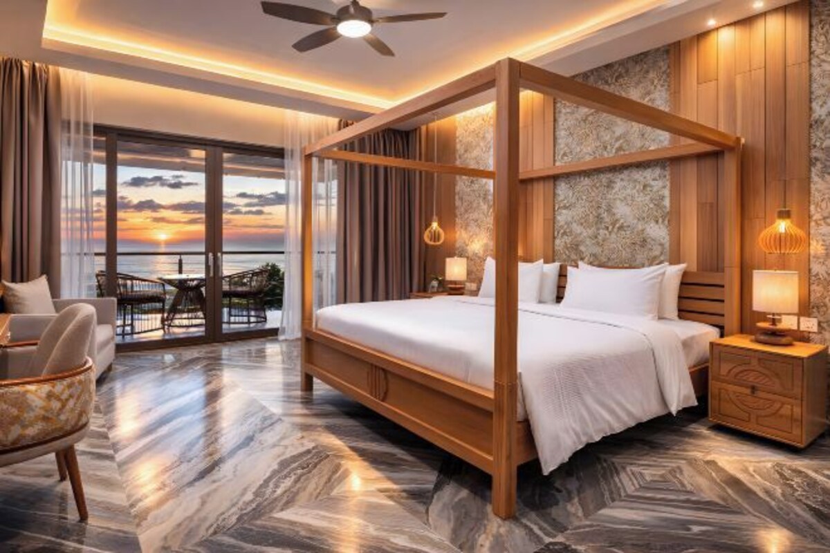 Een hemelbed met uitzicht op de zonsondergang, een balkon met buitenmeubilair, en een modern interieur.
