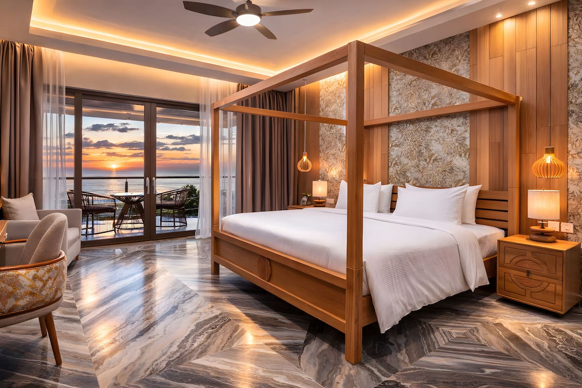 Deluxe Double Room, Balcony, Ocean View | Minibar, in-room safe, soundproofing, iron/ironing board