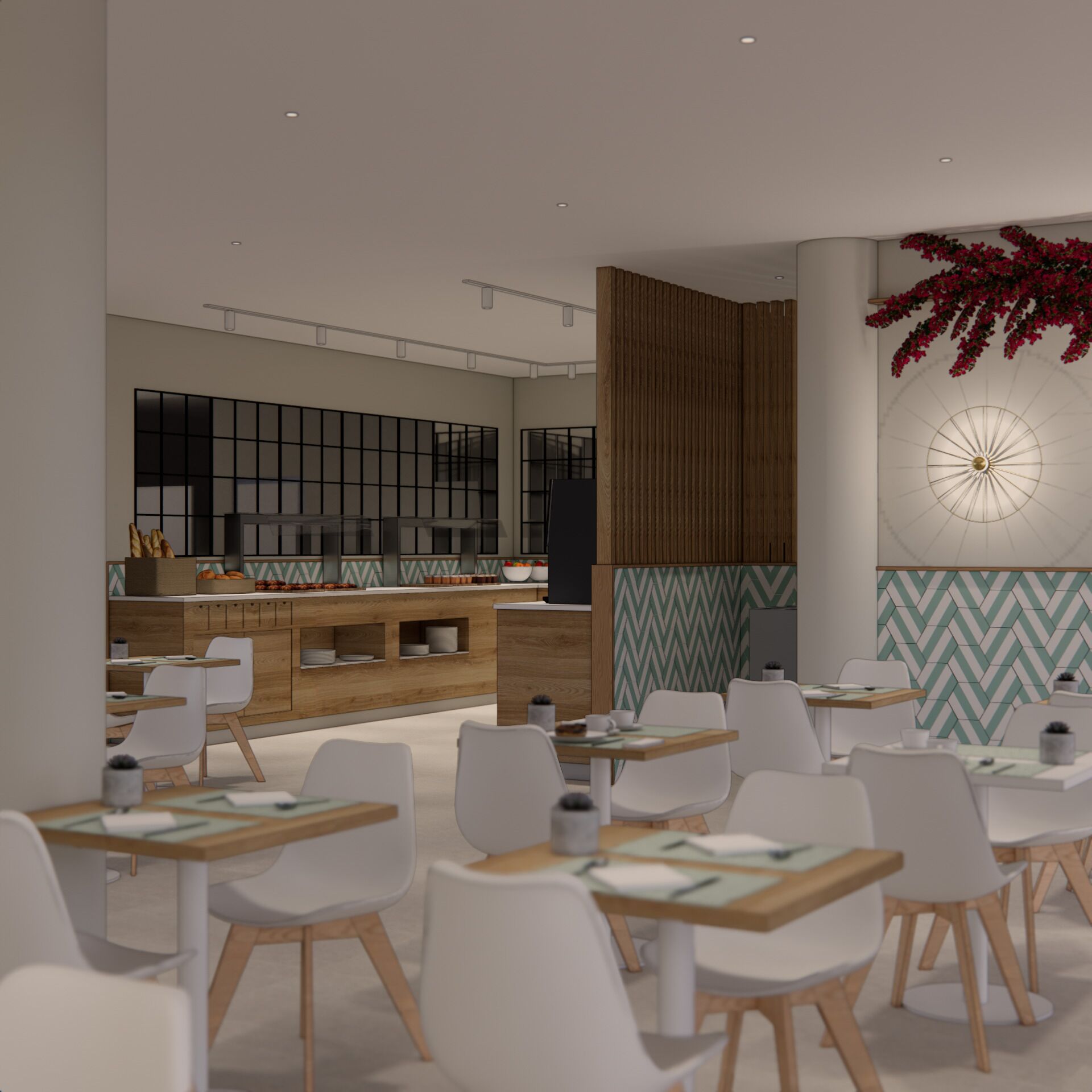 Un restaurante moderno con un mostrador central, sillas blancas y una pared decorativa con una lámpara radial.
