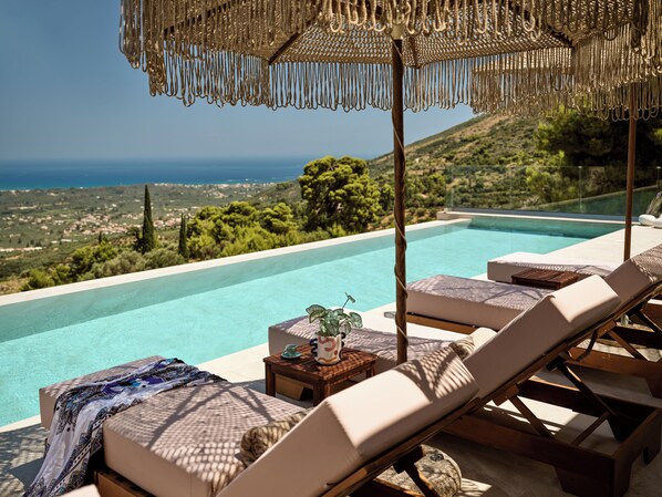 Outdoor pool, pool umbrellas, pool loungers