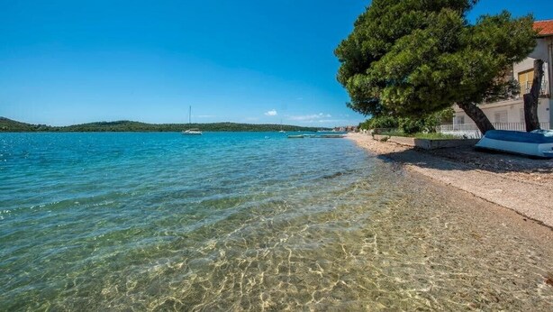 Une plage dégagée avec un arbre, un bâtiment et des bateaux visibles au loin.