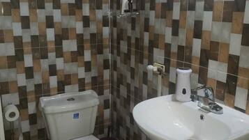 Hair dryer, towels, soap, toilet paper