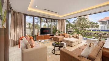 Luxury Villa, 4 Bedrooms, Private Pool, Resort View | Living room | 50-inch flat-screen TV with satellite channels, Netflix