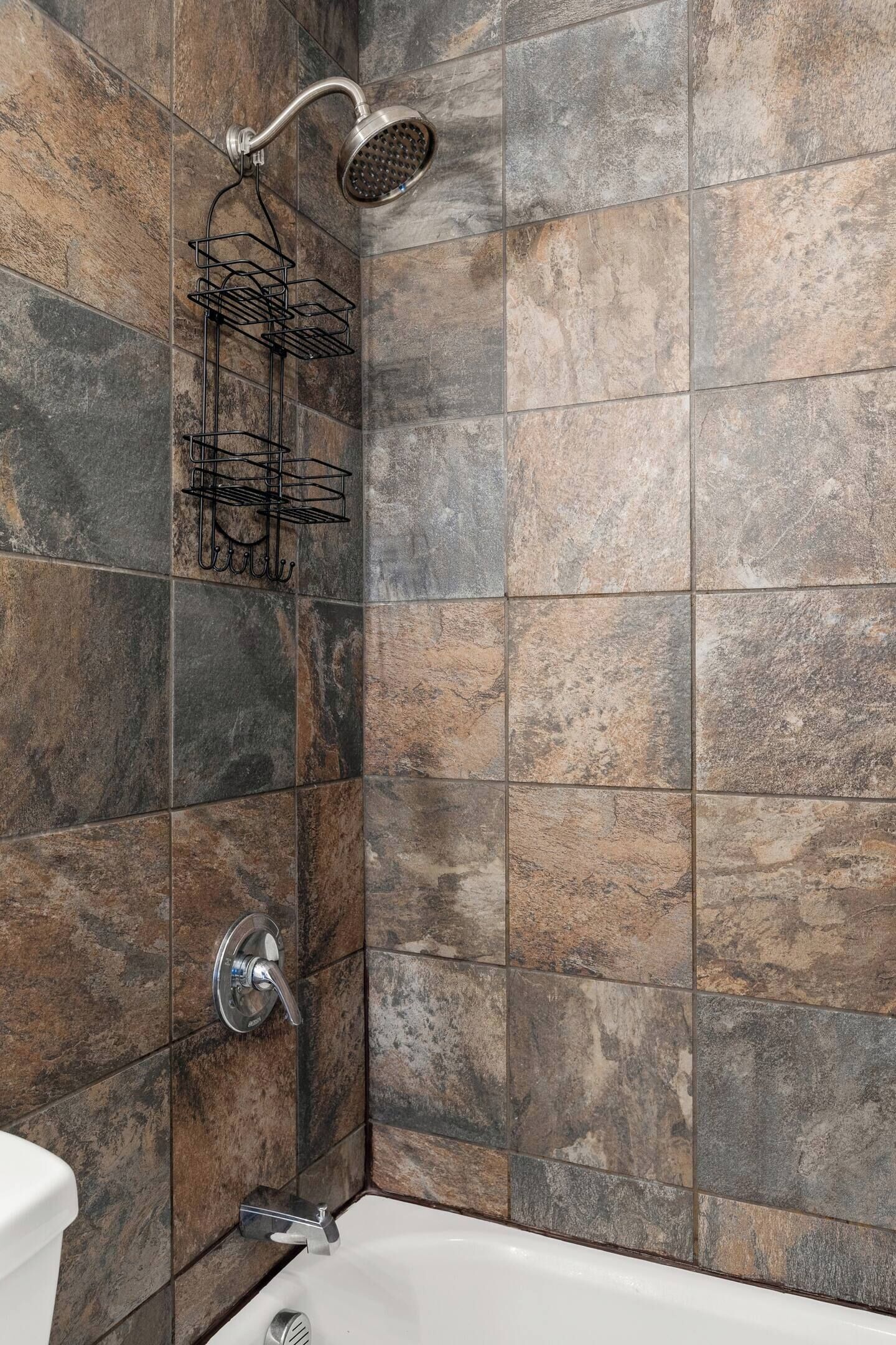 A bathroom with a shower, a toilet, and a bathtub.