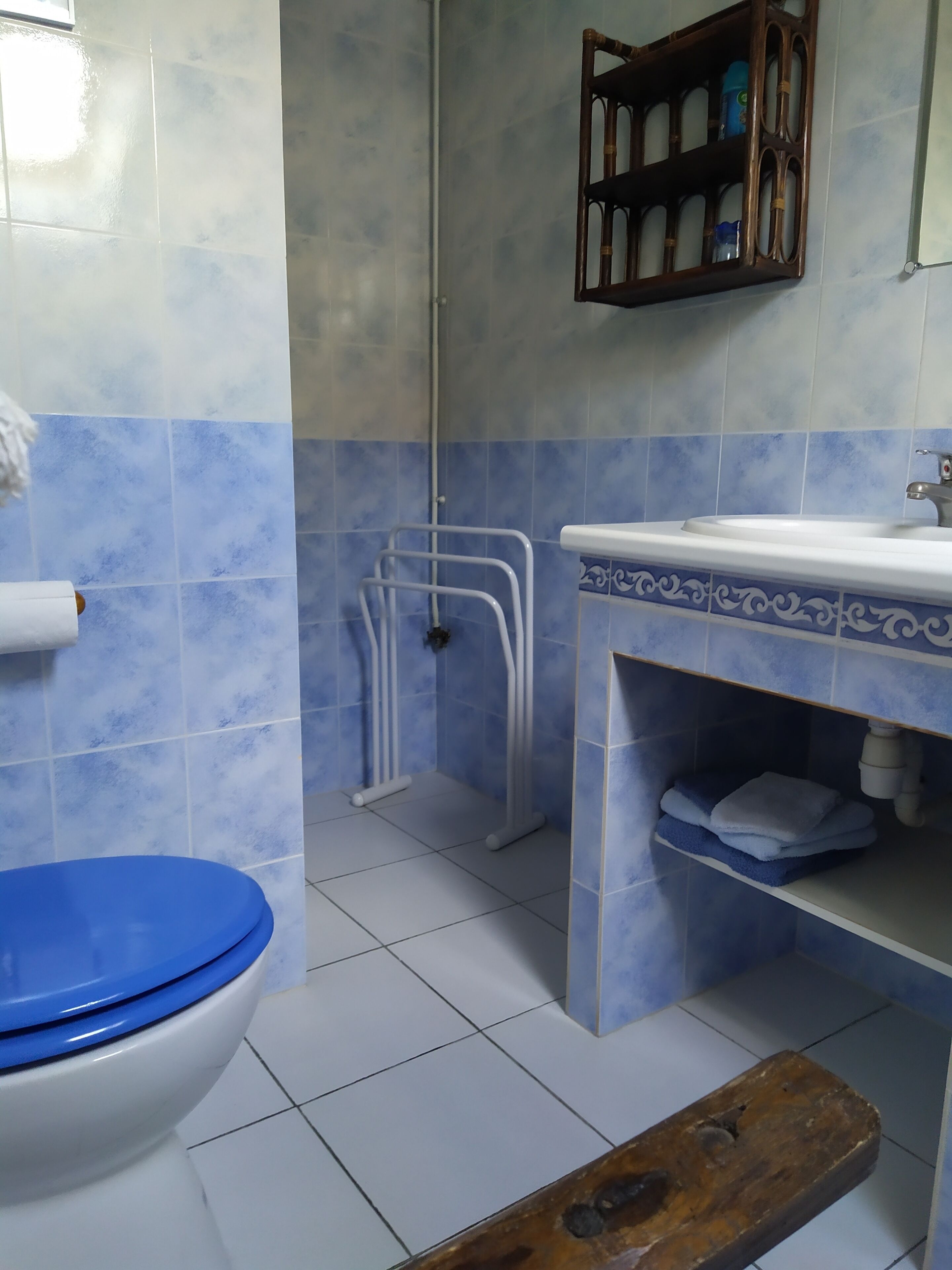 Une salle de bain comprenant des toilettes, un lavabo et un espace douche.