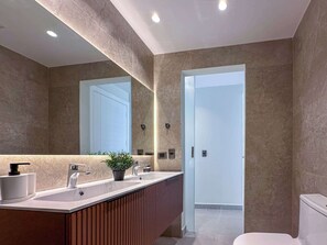 Shower, hair dryer, towels