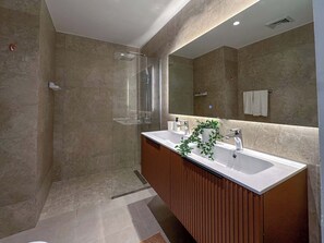 Shower, hair dryer, towels, shampoo