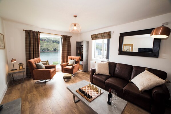 Smart-tv, eldstad, dvd-spelare och böcker