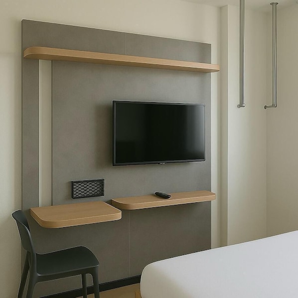 A modern hotel room with a flat-screen TV mounted on a grey wall, wooden shelves, a small table, and a black chair. - Ibis Budget Auxerre Nord (Ouverture Printemps 2025) (Auxerre)