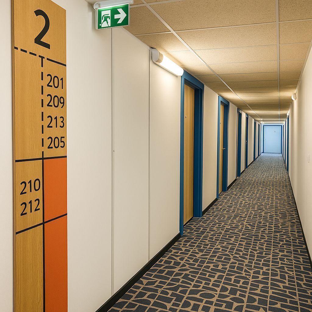 A hotel hallway with numbered doors, a green exit sign, and patterned carpet.