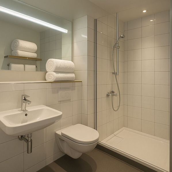 Un baño moderno con lavamanos, inodoro y ducha envuelta en vidrio.