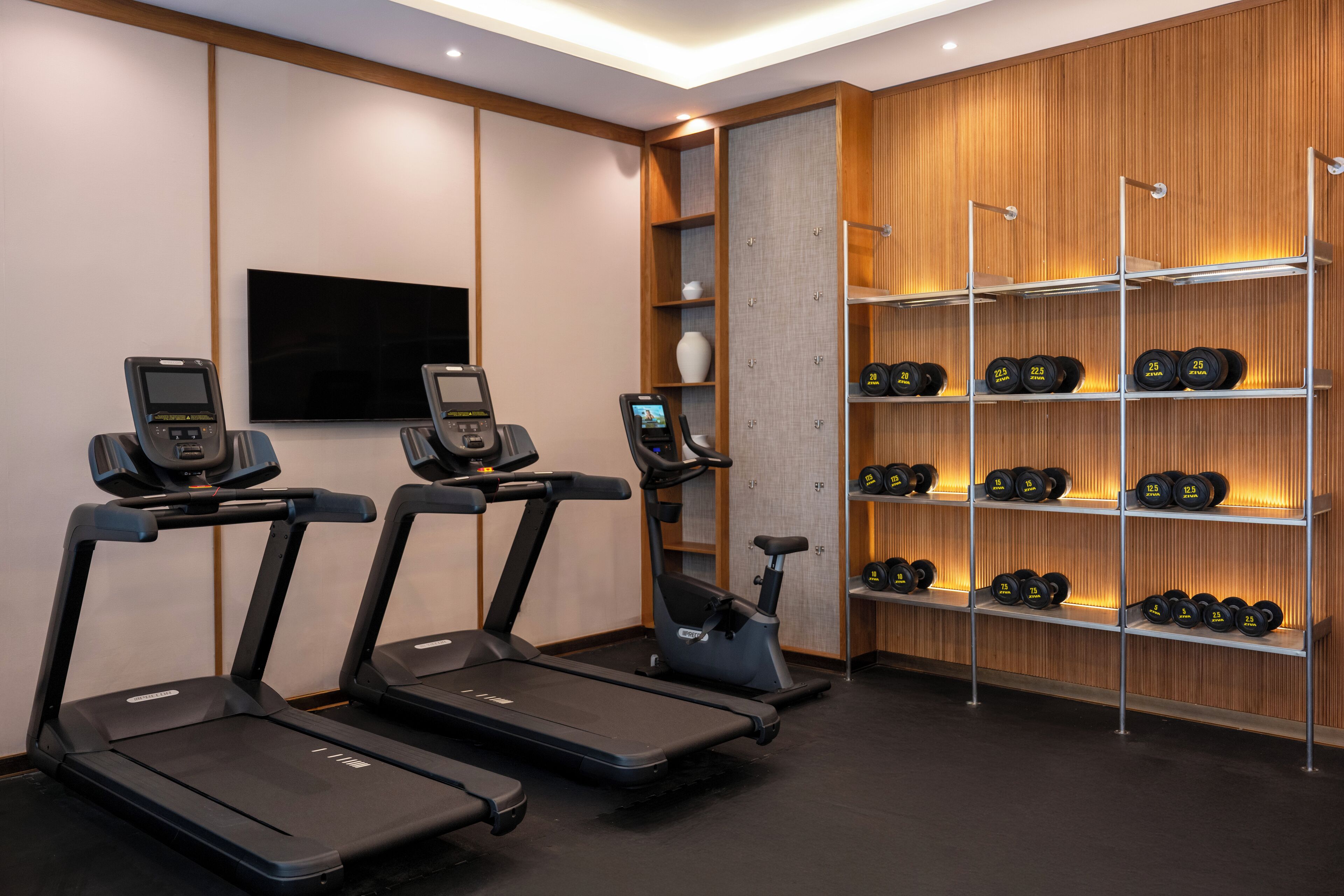 A gym with treadmills, a stationary bike, and a wall of dumbbells.