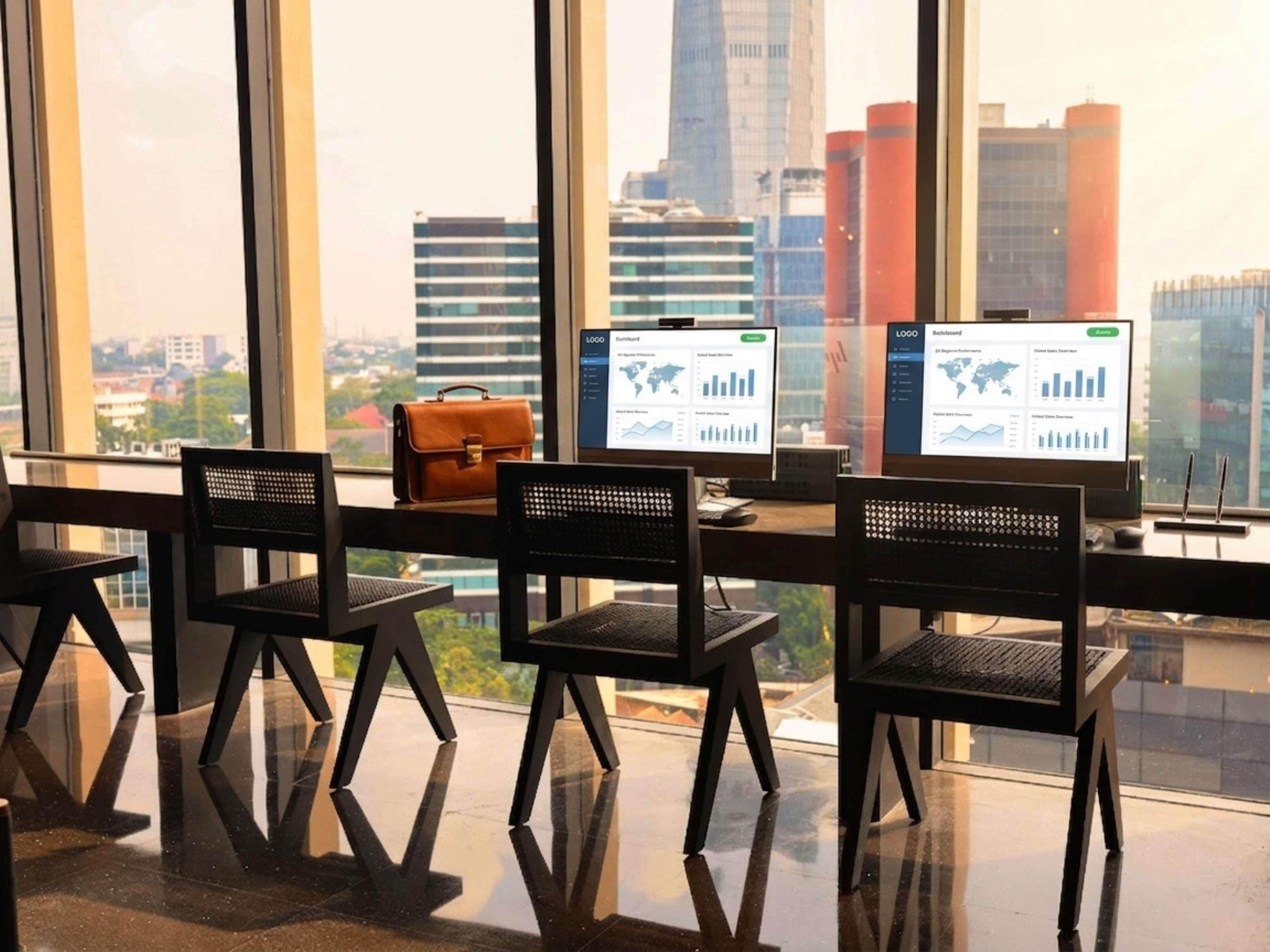Un espacio de oficina moderno con vista a la ciudad, que incluye un escritorio con dos monitores, una computadora portátil y una maleta de cuero marrón.