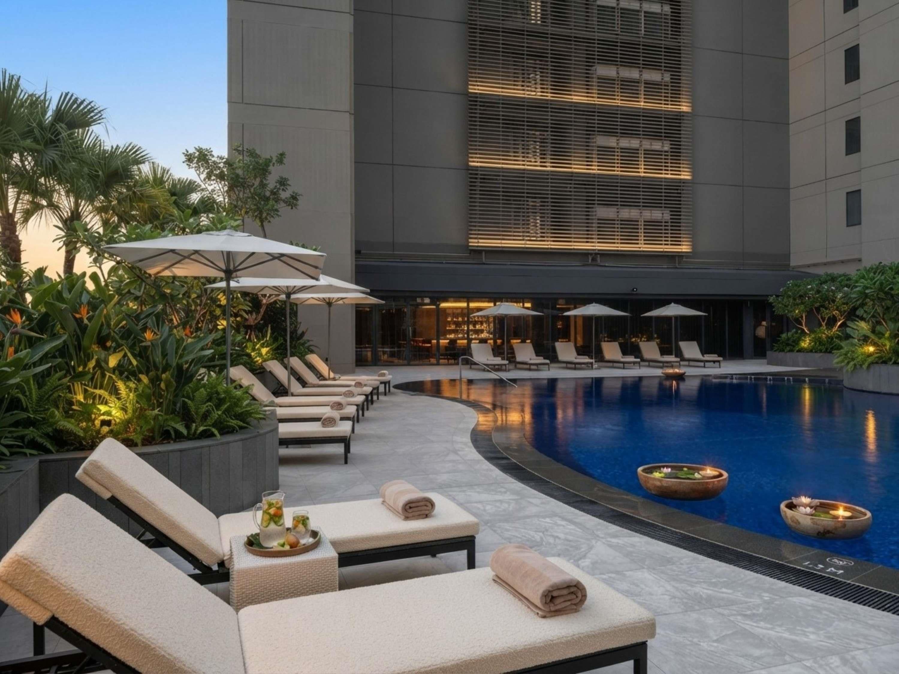 Zona de piscina con sillones, sombrillas y un edificio moderno al fondo.
