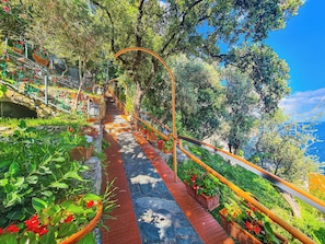 A stone staircase with a metal railing, surrounded by lush greenery and potted plants. - Villa Furore... a breathtaking view! (Campania)