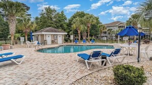 A pool area with lounge chairs and umbrellas, surrounded by palm trees and a small building.