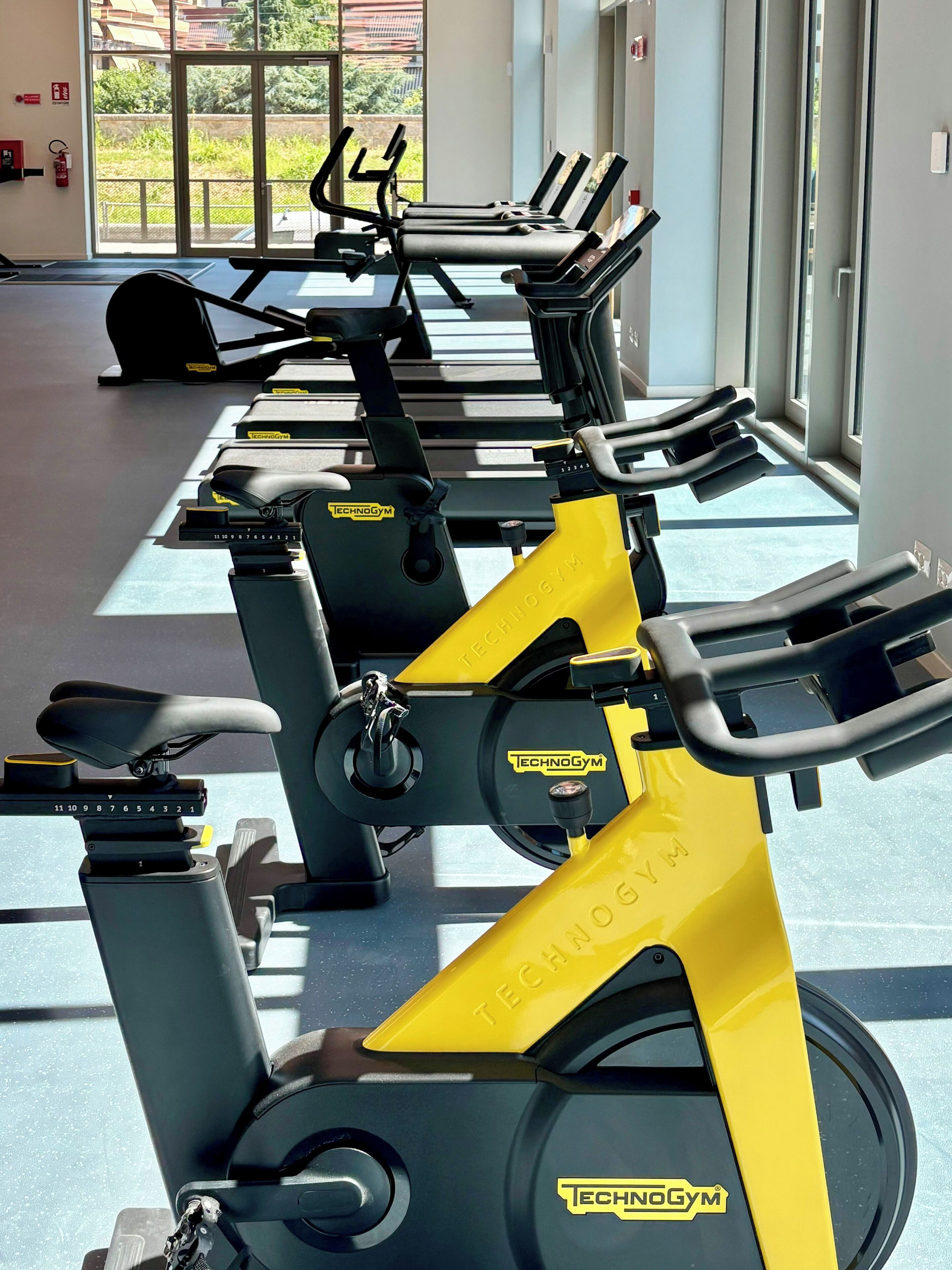 Une rangée de vélos d’appartement dans une salle de sport dotée de grandes fenêtres donnant sur un paysage verdoyant.