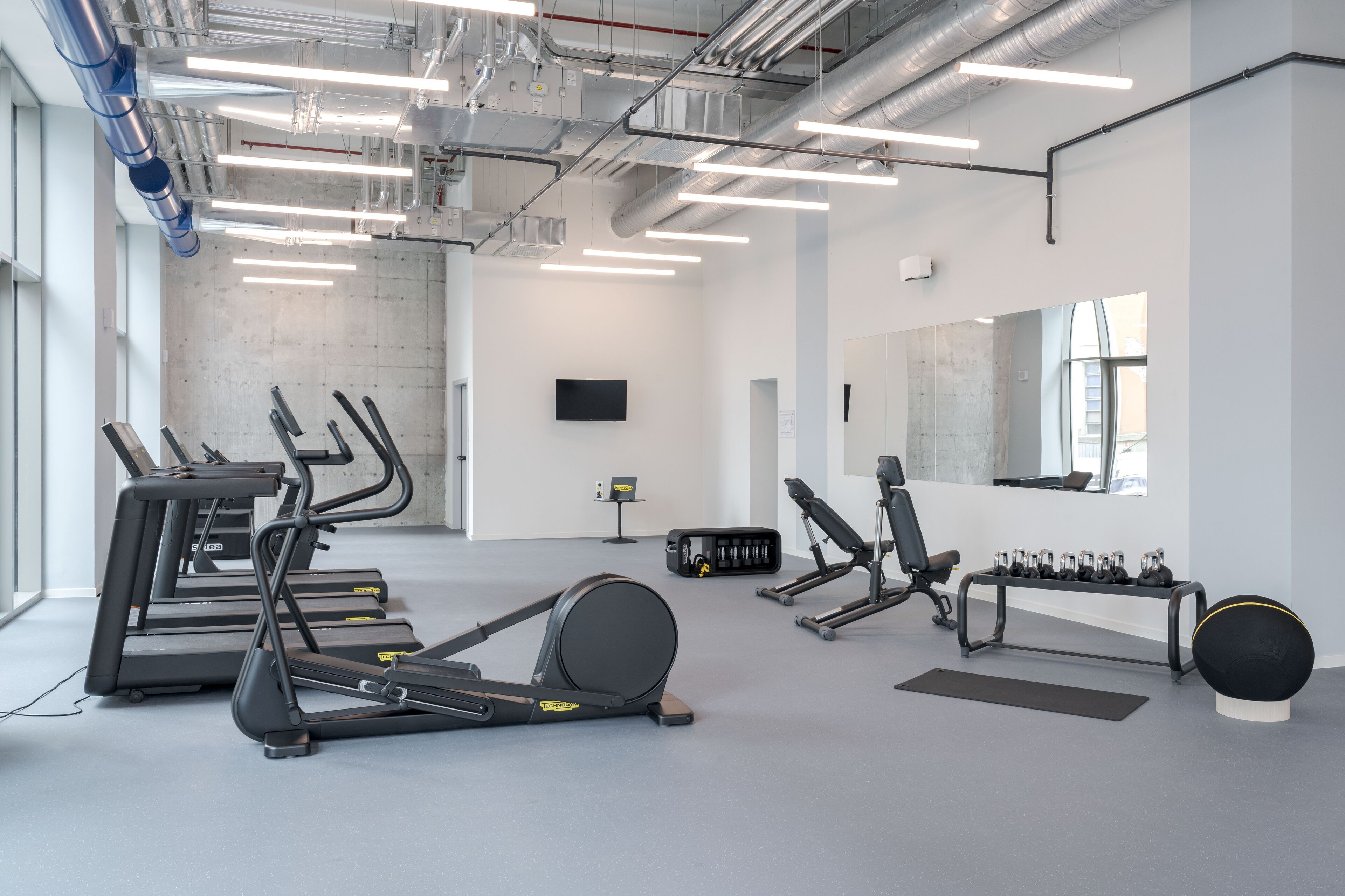A modern gym with treadmills, elliptical machines, and weightlifting equipment.