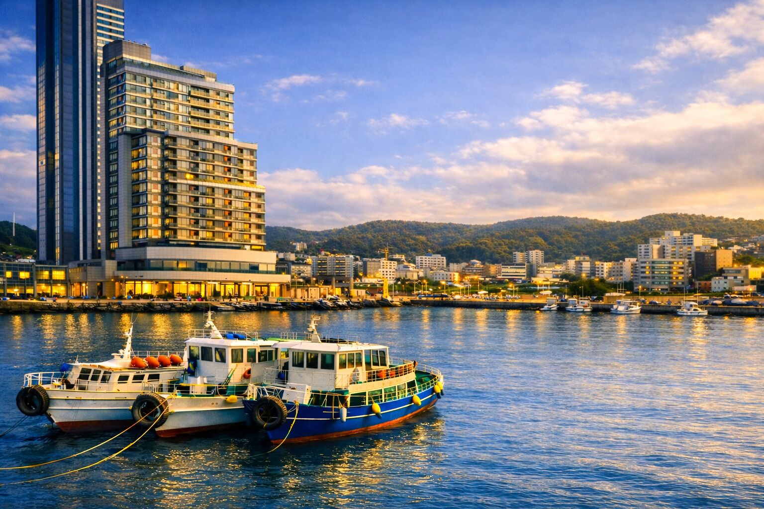 A waterfront cityscape with modern buildings, a marina with boats, and a clear sky.