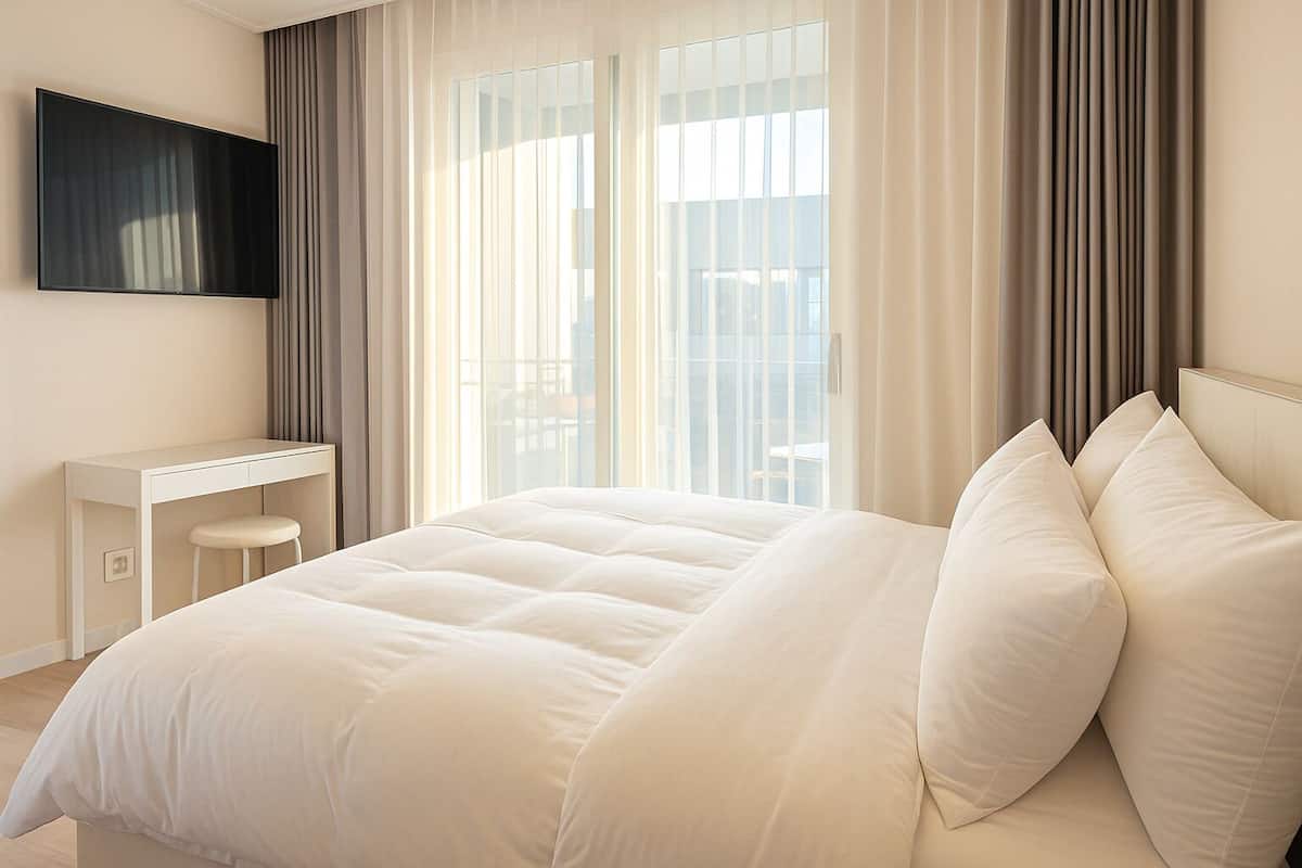 Espacio para trabajar con laptop y cortinas blackout