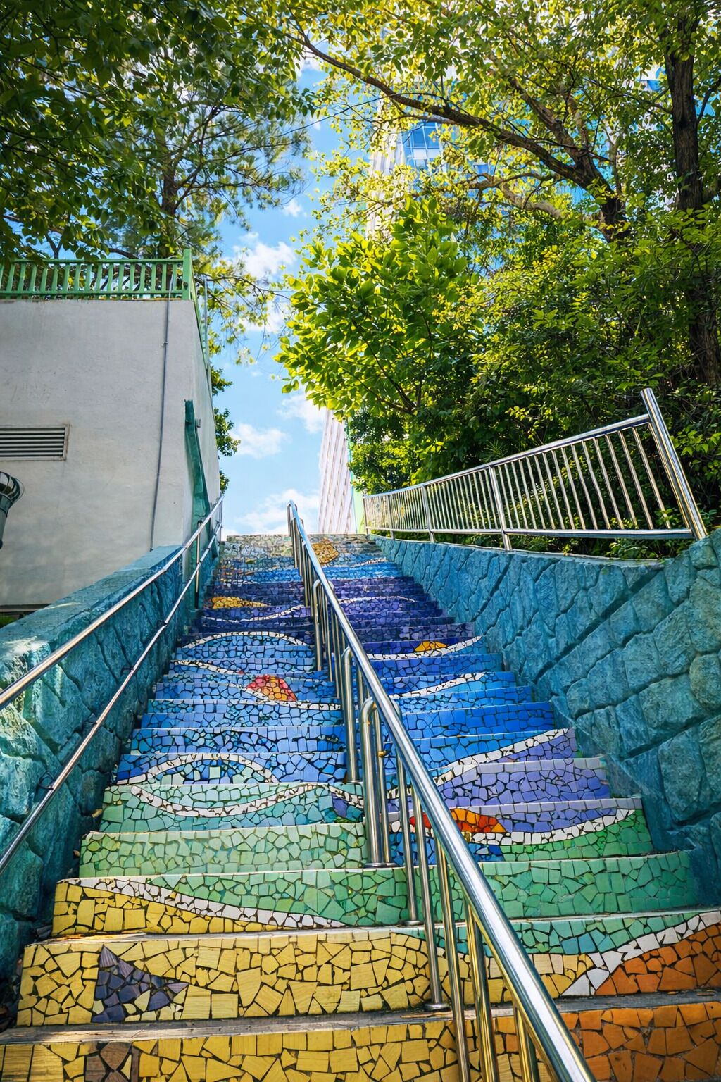 Escadaria com mosaicos coloridos, corrimão de metal e árvores ao fundo.