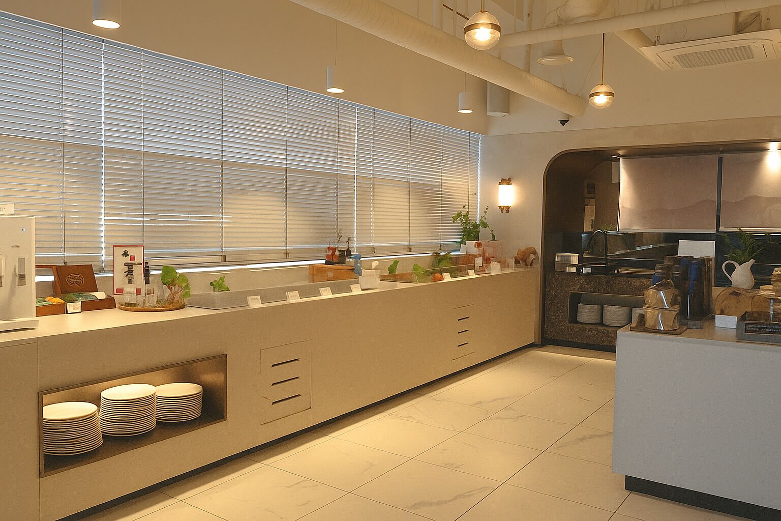 A modern kitchen with a long counter, built-in appliances, and a window with blinds.