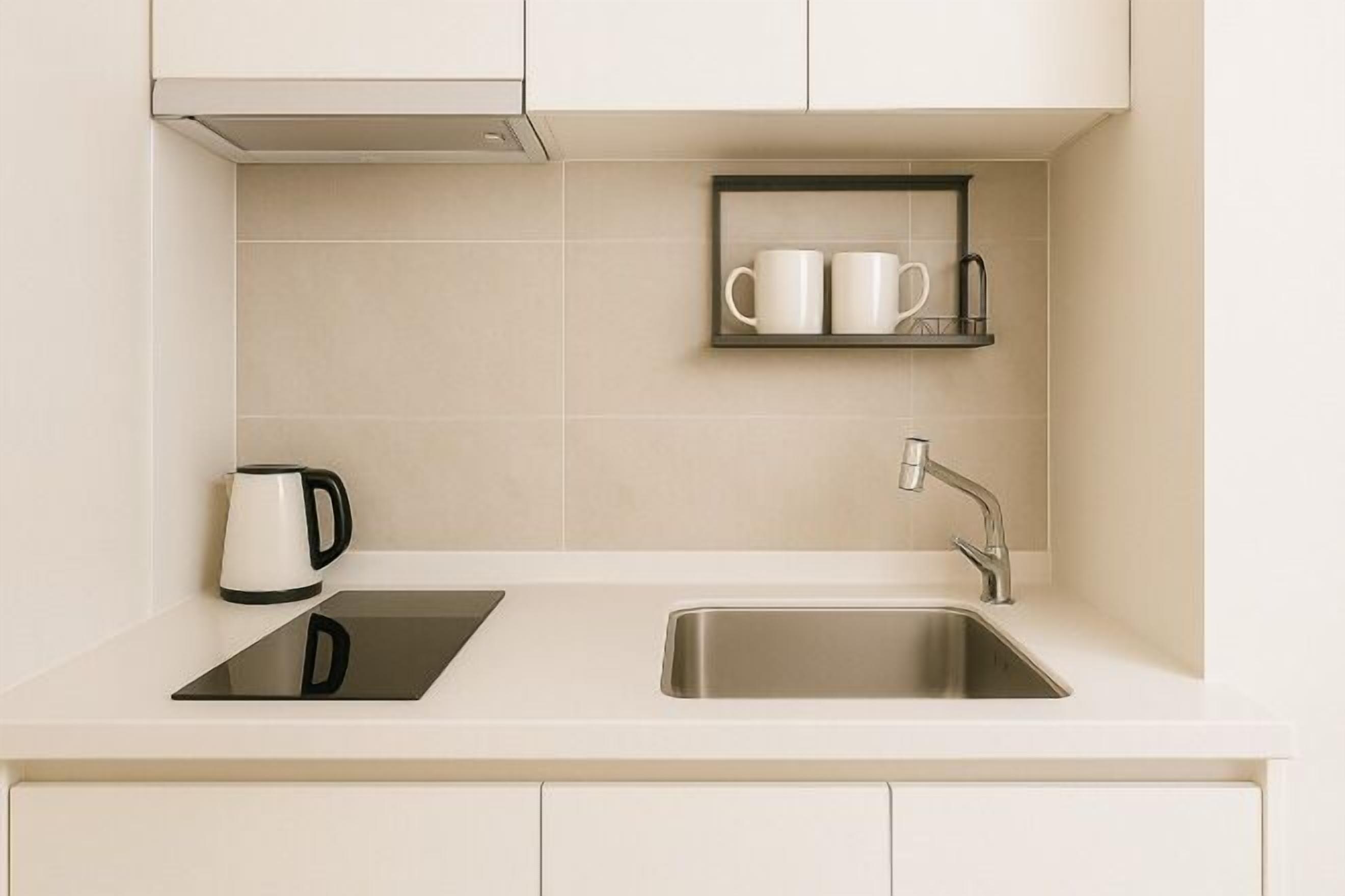 Fridge, microwave, stovetop, electric kettle