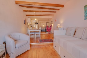A living room with a sofa, a chair, a dining table, and a kitchen in the background.