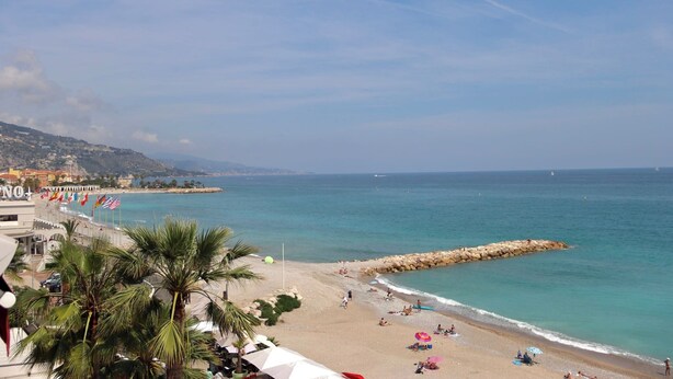 Une plage bordée de palmiers, une digue rocheuse et un ciel bleu azur.