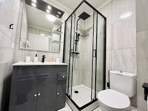 Shower, hair dryer, towels