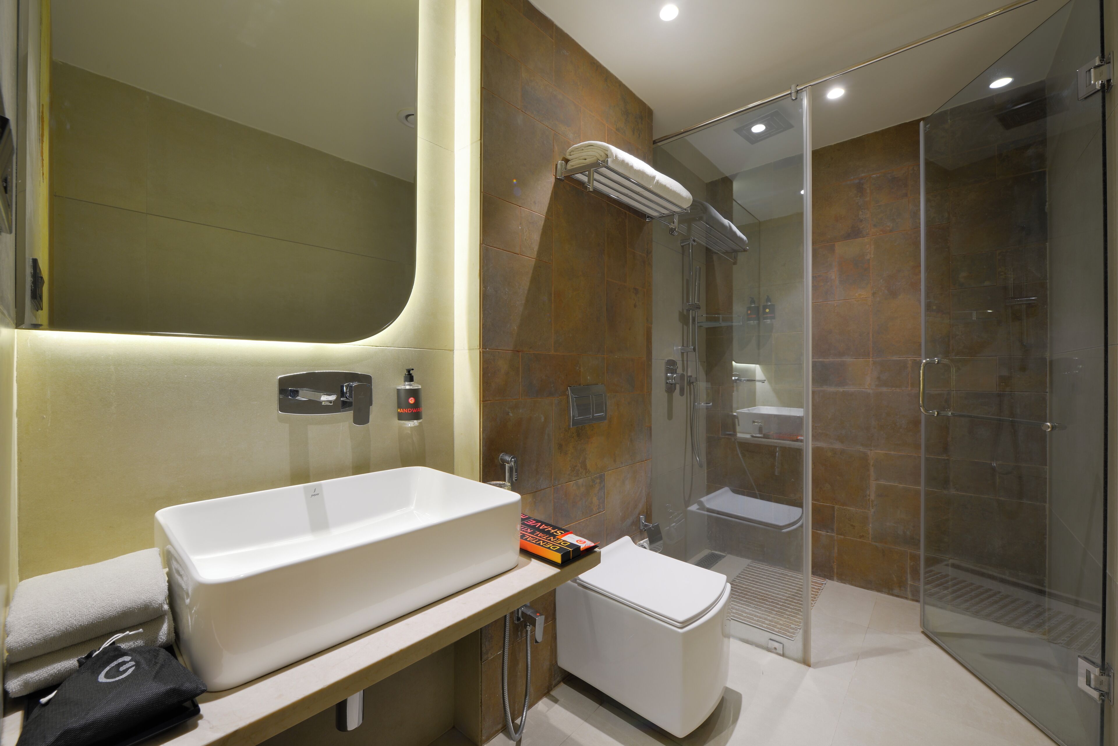 A modern bathroom with a large white sink, a glass shower enclosure, and a toilet.