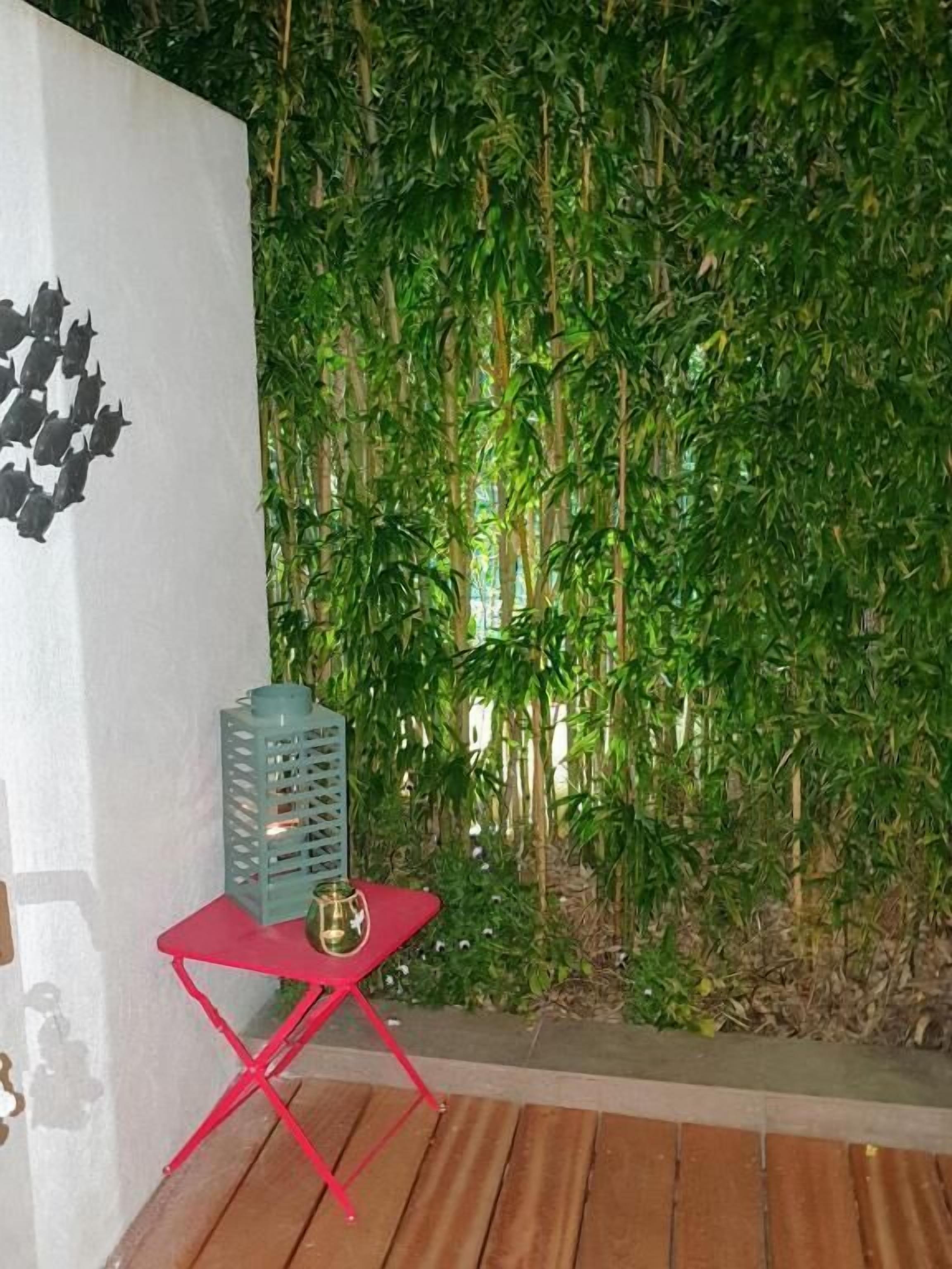 A room with a bamboo wall, a red folding chair, and a small table with a lamp.