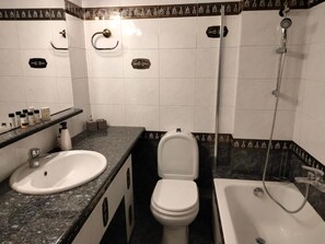 Hair dryer, towels, soap, toilet paper