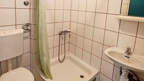 Un bany amb dutxa, vàter, rentamans i mirall.