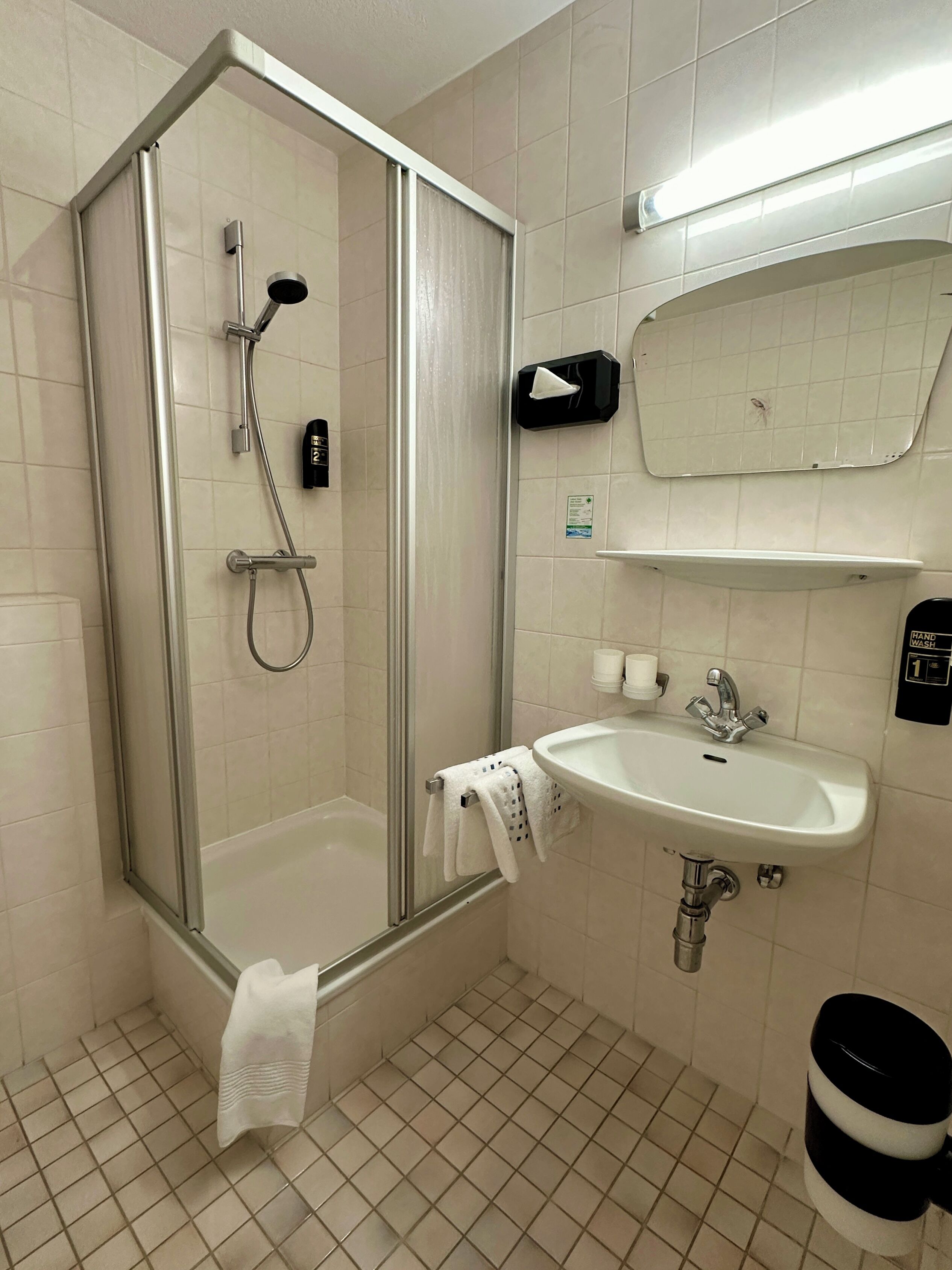 Un baño moderno con ducha de vidrio, lavamanos blanco y espejo superior.