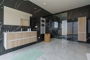 Shower, hair dryer, bidet, towels