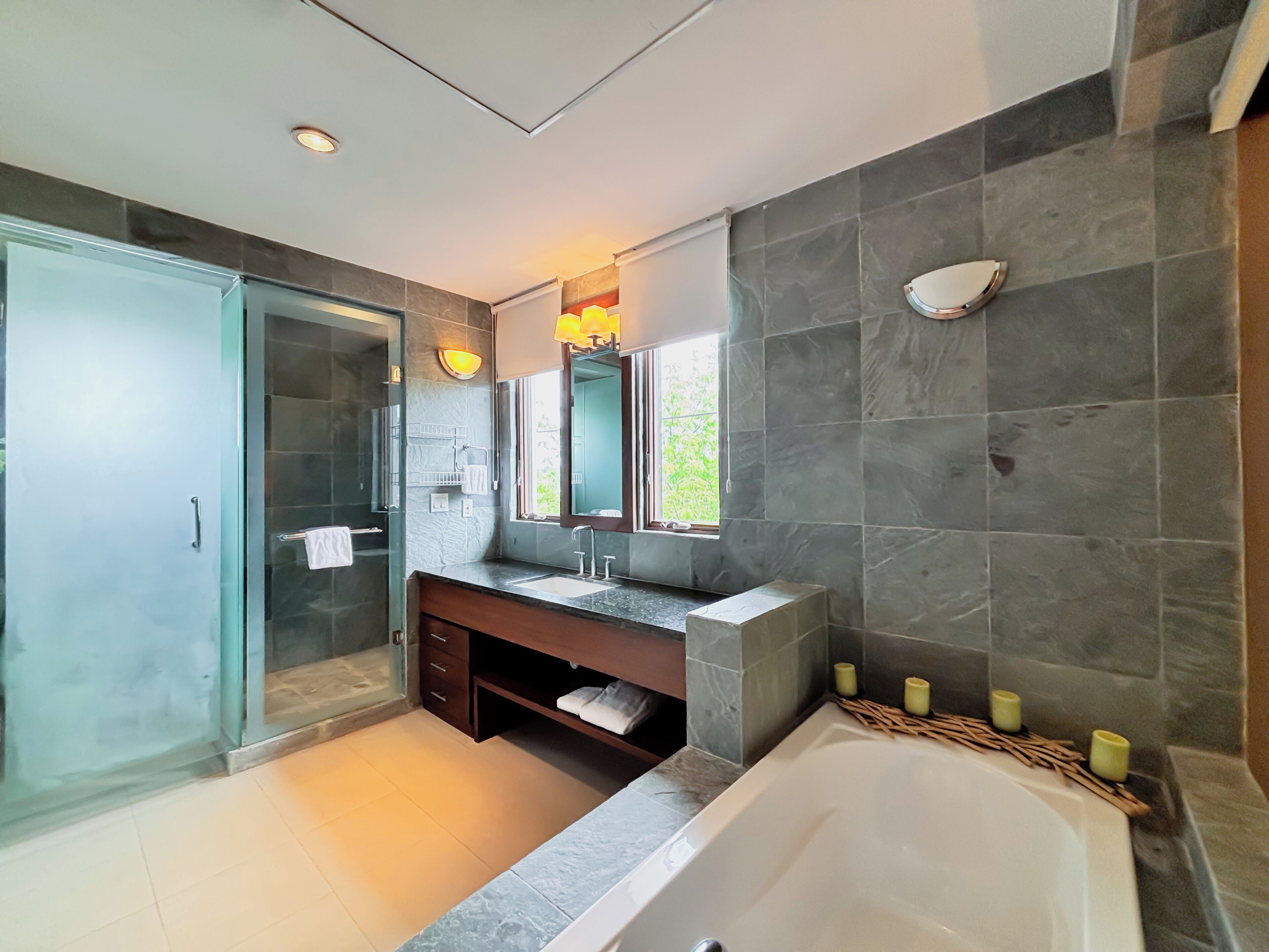 Hair dryer, towels, soap, toilet paper