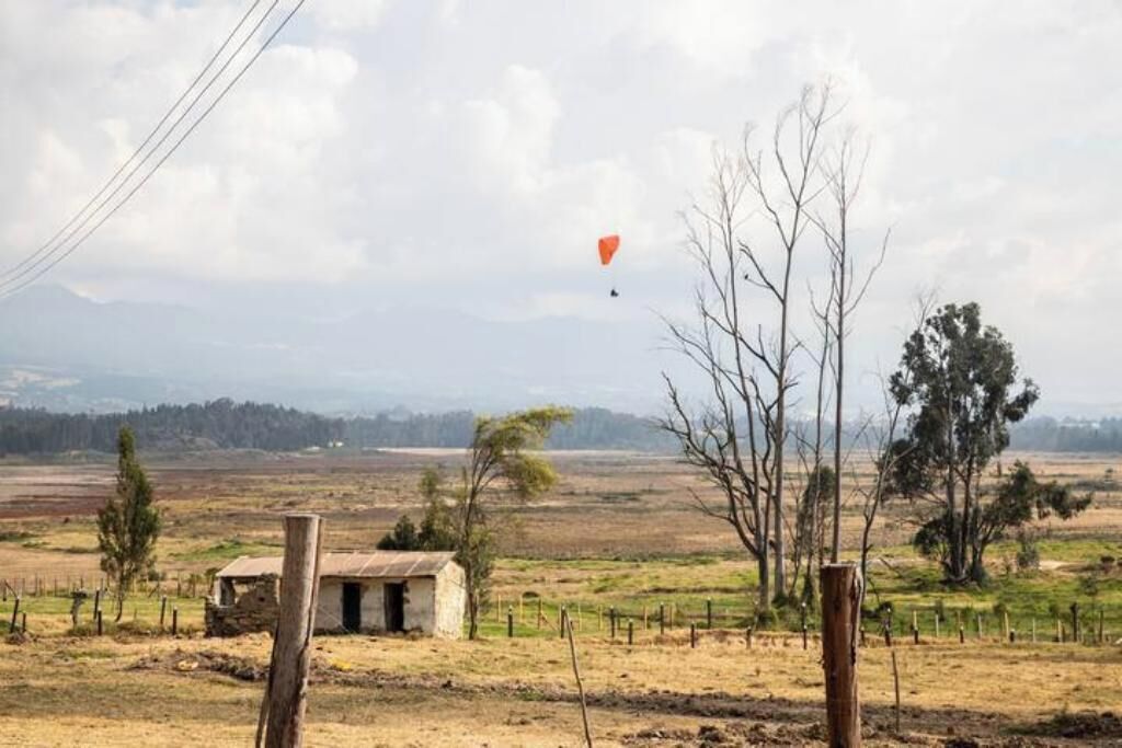Un paysage rural avec un petit bâtiment, des champs ouverts et un cerf-volant qui vole au loin.